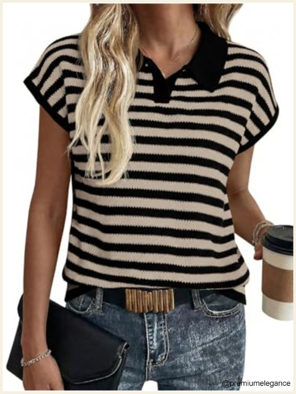 Striped Cap Sleeve Polo Sweater V Neck Button Collared Knit Pullover